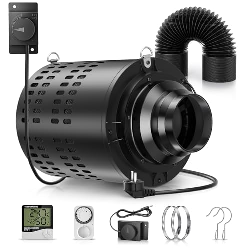 MINENICE Inline-Rohrventilator 110mm/4.3 Inch mit variablem Geschwindig, Temperatur und Feuchtig keitsregler, 24W EC Motor Max 3000 RPM, Kohlefilter, 215 CFM Belüftungssystem Abluftset für Growzelt von MINENICE