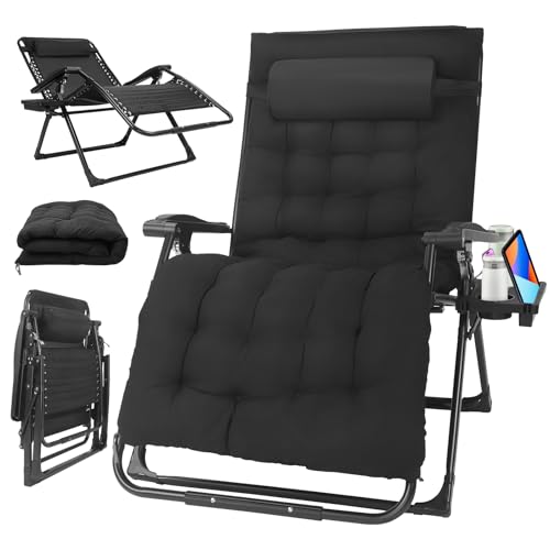 MINENICE Lehnender Schwerelosigkeits-Stuhl im Freien mit Getränkehalter verstellbare Kopfstütze, Liegestuhl für Patio-Garten-Strand-Pool, mit Kissen-Unterstützung 200kg (Schwarz-83CM) von MINENICE