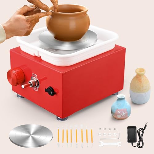 MINENICE Mini Töpfermaschine, 2000RPM Einstellbare Geschwindigkeit Metall-Drehteller Töpferscheibe von 10/6.5CM Tonformungswerkzeugen und ABS-Becken Geliefert Geeignet für Töpfer-Heimwerker (Rot) von MINENICE