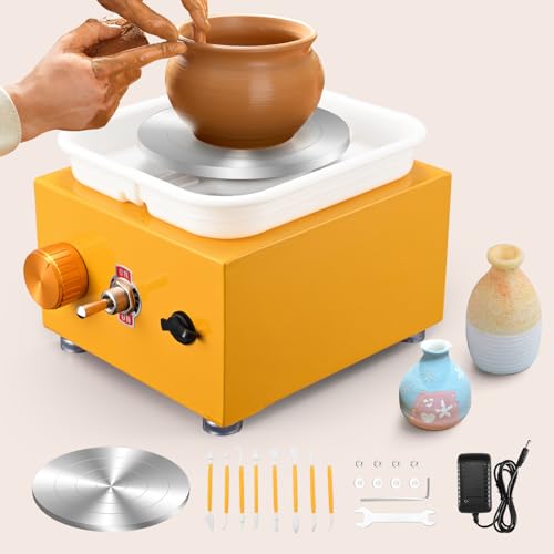 MINENICE Mini Töpfermaschine, 2000RPM Einstellbare Geschwindigkeit Metall-Drehteller Töpferscheibe von 10/6.5CM Tonformungswerkzeugen und ABS-Becken Geliefert Geeignet für Töpfer-Heimwerker (Gelb) von MINENICE