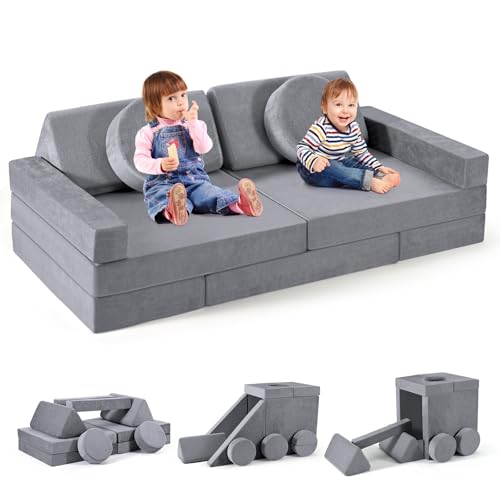 MINENICE Modulares Kindersofa, Mehrere Softblock-Kombinationen, Weicher Kindercouch Schlafzimmermöbel, Schlafcouch aus Schaumstoff, Softbausteine für Kinderzimmer (14in1-Grau) von MINENICE