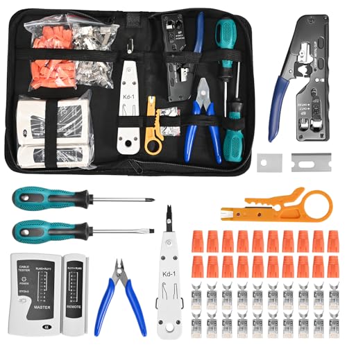 MINENICE Netzwerkwerkwerksatz, RJ45-Crimpwerkzeug mit 20 x RJ45-Steckverbindern, Cat7 / Cat6a Pass Through, Netzwerktester, LSA-Einsetzwerkzeug, Drahtstripper, Professionelle RJ45 / RJ11 / RJ12-Repara von MINENICE