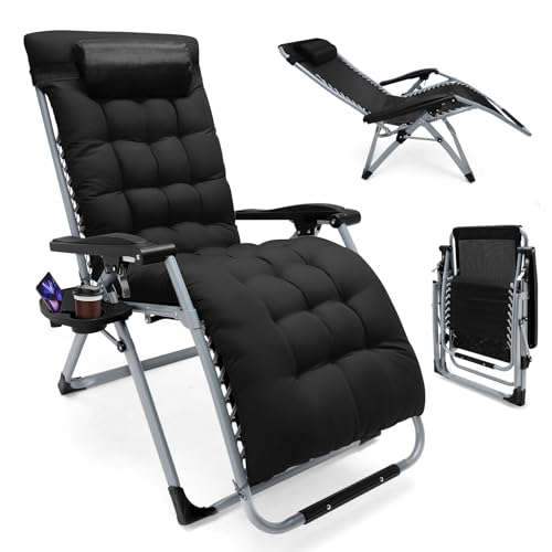 MINENICE Lehnender Schwerelosigkeits-Stuhl im Freien mit Getränkehalter verstellbare Kopfstütze, Liegestuhl für Patio-Garten-Strand-Pool, mit Kissen-Unterstützung 200kg (mit schwarz Kissen) von MINENICE