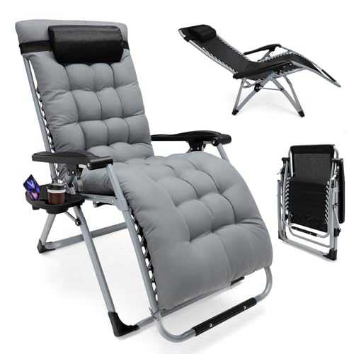 MINENICE Lehnender Schwerelosigkeits-Stuhl im Freien mit Getränkehalter verstellbare Kopfstütze, Liegestuhl für Patio-Garten-Strand-Pool, mit Kissen-Unterstützung 200kg (Mit grauem Kissen) von MINENICE