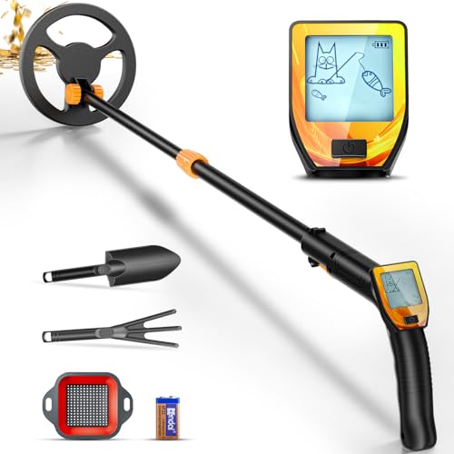 Metalldetektor für Kinder, Verstellbare Länge (16"-35") Metalldetektor, LCD-Display & Leichter Metalldetektor Kinder mit 6.5" wasserdichter Spule, Schaufel, Rechen zum Erkennen von Münzen(Orange) von MINENICE