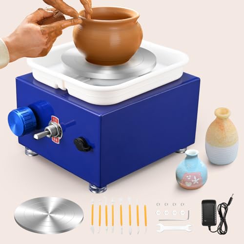 Mini Töpfermaschine, 2000RPM Einstellbare Geschwindigkeit Metall-Drehteller Töpferscheibe von 10/6.5CM Tonformungswerkzeugen und ABS-Becken Geliefert Geeignet für Töpfer-Heimwerker (Marineblau) von MINENICE