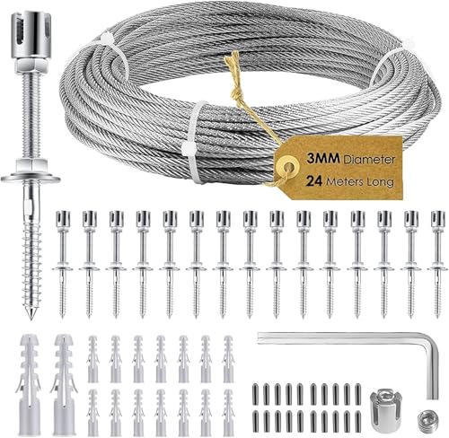 Rankhilfe aus Edelstahl für Kletterpflanzen, Profi-System als Komplettset mit Wandhaltern und 3mm Stahlseil (Silber, 16Halter, 24m Seil) von MINENICE
