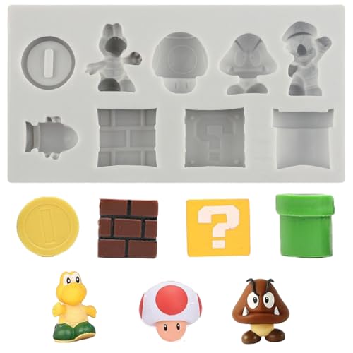 MINFEIDMS 9 Loch Yoshi Icon Quadrat Ziegel Drachen Pilz Goldmünze Silikon Formen Karikatur Fondant Formen Für Zucker Kuchen Dekorieren Cupcake Topper Schokolade Gummi Paste Süßigkeiten Polymer Clay von MINFEIDMS