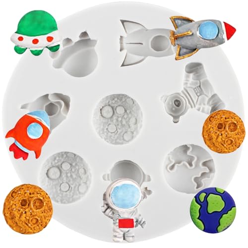 MINFEIDMS Astronaut Fondant Formen Rakete Planet Silikonform für Weltraum Thema Kuchen Dekoration Cupcake Topper Süßigkeiten Schokolade Gummipaste Polymer Clay von MINFEIDMS
