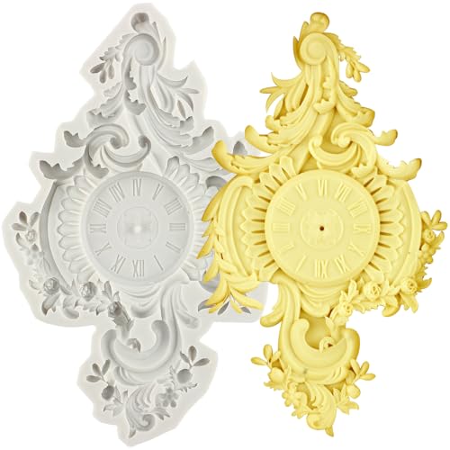 MINFEIDMS Barock Stil Uhr Silikonform Curlicues Scroll Spitze Fondant Formen Uhr Schokolade Süßigkeiten Form Filigrane Form 3D geformt für Zucker Kuchen Dekorieren Cupcake Topper Gummi Paste Polymer von MINFEIDMS