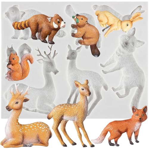 MINFEIDMS Dschungelwald Tier Fondant Silikonform Fuchs Eichhörnchen Waschbär Biber Elch Sika Hirsch Süßigkeiten Formen für Kuchen Dekorieren Cupcake Topper Schokolade Gummipaste Polymer Clay von MINFEIDMS