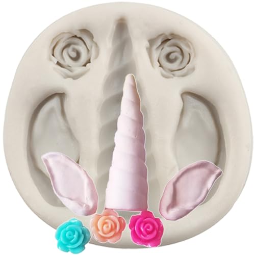 MINFEIDMS Einhorn Silikonformen Einhorn Horn Ohren Fondant Form Rose Blume Süßigkeiten Form für Zucker Kuchen Dekorieren Cupcake Topper Schokolade Gummipaste Polymer Clay von MINFEIDMS