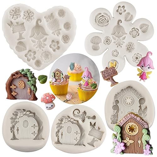 MINFEIDMS Enchanted Vintage Fairy Garden Fairy Gnome Home Door Window Silicone Molds Flower Leaf Mushroom Fondant Mold For Cake Decorating Cupcake Topper Chocolate Candy Gum Paste Set Of 5 von MINFEIDMS