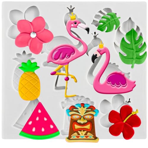 MINFEIDMS Flamingo Tropische Blatt Silikonform Plumeria Hibiskus Blume Fondant Formen Wassermelone Ananas Süßigkeiten Schokoladenform für Zucker Kuchen Dekorieren Cupcake Topper Gummipaste Polymer von MINFEIDMS