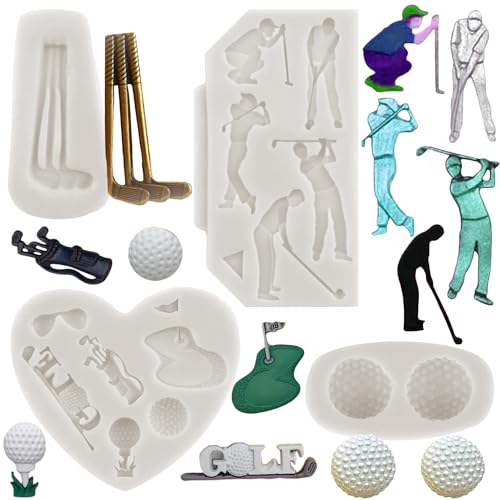 MINFEIDMS Golf-Silikonformen, 4er-Set: Golfbälle, Club, Bälle, Fondantform für Kuchendekoration, Schokolade, Süßigkeiten, Blütenpaste von MINFEIDMS