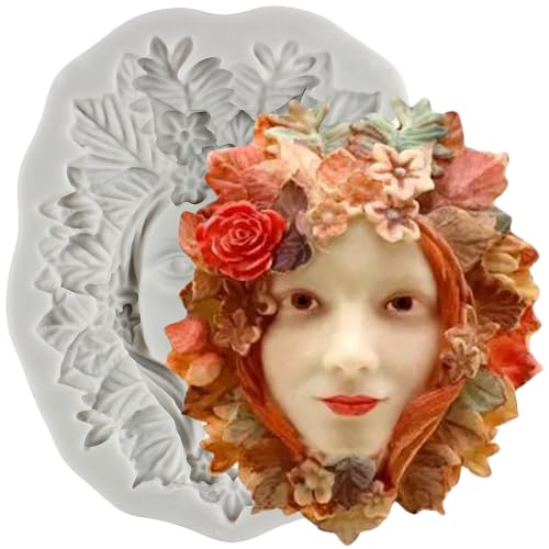 MINFEIDMS Grüne Frau Silikonformen Feengarten Grüner Charakter Fondantform Grüne Frau Gesicht mit Blumen Blättern Schokoladenform für Zucker Kuchen Dekorieren Cupcake Topper Gummi Paste Candy Polymer von MINFEIDMS