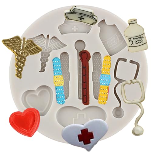MINFEIDMS Krankenschwester-Abschluss-Fondantformen Krankenschwestermütze Stethoskop Pillenflasche Verband Silikonformen Thermometer medizinische Form Für Kuchendekoration Schokolade Blütenpaste von MINFEIDMS