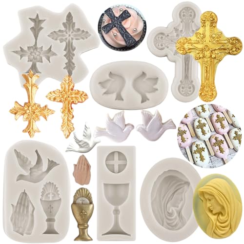 MINFEIDMS Kreuz-Silikonform Kommunion Kelch Taube Fondant Formen Taufe Kuchen Form für Taufe Party Kuchen Dekorieren Cupcake Topper Schokolade Süßigkeiten Gummipaste Set von 4 von MINFEIDMS