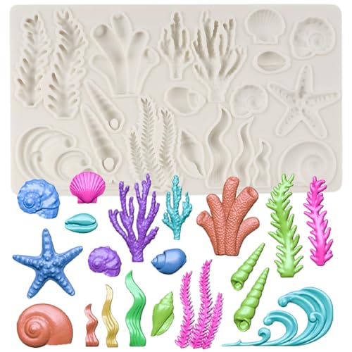 MINFEIDMS Meeresthema Fondant Formen Muschel Seestern Seetang Koralle Silikonform für Kuchen Dekoration Cupcake Topper Zucker Handwerk Schokolade Kandis Kaugummi Paste Polymer Clay von MINFEIDMS