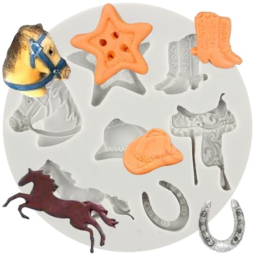 MINFEIDMS Pferd Schokoladenform Hufeisen Huf Silikonform Western Cowboy Boot Sattel Fondant Form für Zucker Kuchen Dekorieren Cupcake Topper Kaugummi Paste Candy Polymer Clay von MINFEIDMS