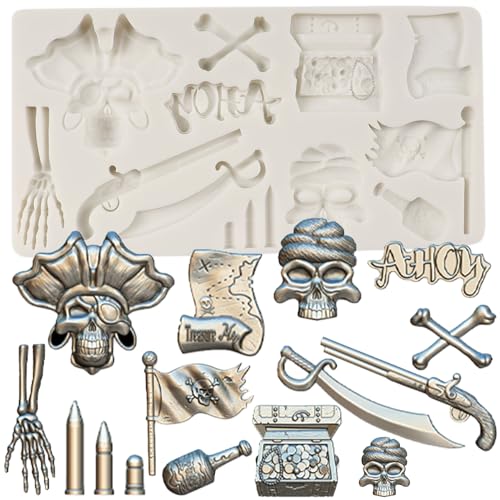 MINFEIDMS Piraten Silikonformen Schädel Fondant Form Schatz Münzen Schwert Kugel Pistole Form für Kuchen Dekoration Cupcake Topper Schokolade Kandis Kaugummi Paste Polymer Clay von MINFEIDMS