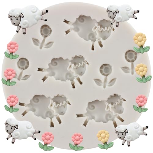 MINFEIDMS Tier Silikonform Schaf Fondant Formen Ziege Blume Gras Süßigkeiten Form für Zucker Kuchen Dekorieren Cupcake Topper Schokolade Gummipaste Polymer Clay von MINFEIDMS
