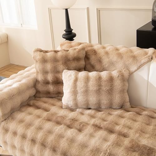 MINGPINHUIUS Sofabezug L Form 1/2/3/4 Sitzer Sofa Überzug für L Form Sofa Couch Sessel Ecksofas,Weicher Kaninchen Plüsch Sofabezug rutschfest Sofa Überwurf (Braun,Kissenbezug 45x45cm) von MINGPINHUIUS