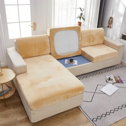 MINGPINHUIUS Weicher Samt Sofakissenbezug - Stretch Anti-Rutsch Sofabezug Couch Kissenbezüge für Sektionssofa L-Form, Sofakissen Schonbezug Möbelschutz (Beige Gelb, Groß Dreifach-Sitzbezug) von MINGPINHUIUS