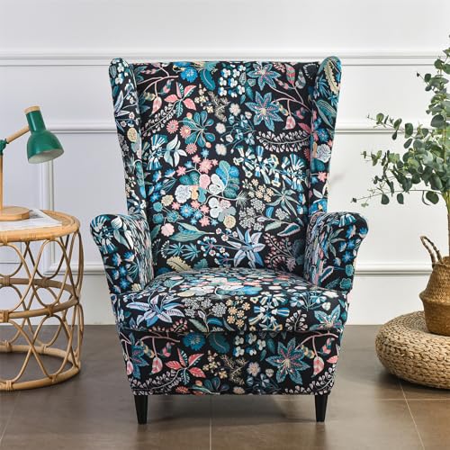 MINGPINHUIUS Wingback-Stuhlhussen – superweich, dehnbar, für Ohrensessel, 2-teiliges Set, Sesselbezüge, Möbelschutz für Wohnzimmer, Schlafzimmer, Hotel (blaue Blume) von MINGPINHUIUS