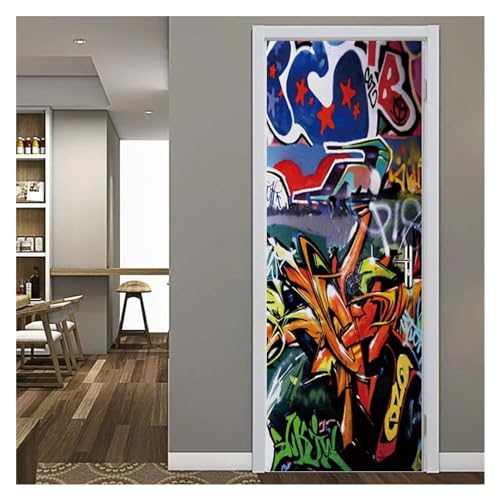 Türtapete Selbstklebend Farbe Graffiti Tür Aufkleber Hip Hop Hippie Kunst Selbstklebende Tapete Für Jugend Jungen Schlafzimmer Wandbild Türen Cover Poster(M,90x200cm) von MINGYTN