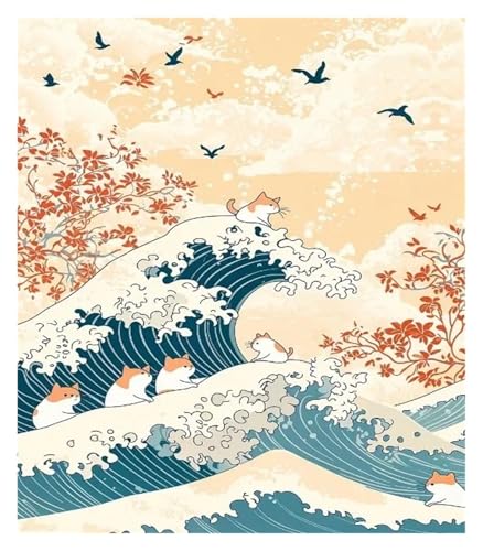 Wandkunst Leinwanddrucke Leinwand Malerei Dekoration Retro Japanischen Cartoons Tiere Illustration Welle Panda Katze Pinguin Niedlichen Kinderzimmer Zimmer(E,40x60cm) von MINGYTN