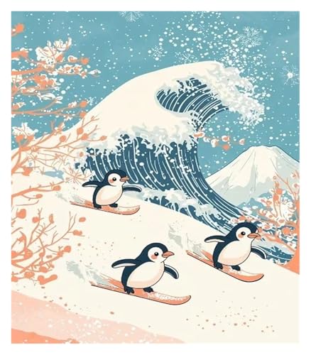Wandkunst Leinwanddrucke Leinwand Malerei Dekoration Retro Japanischen Cartoons Tiere Illustration Welle Panda Katze Pinguin Niedlichen Kinderzimmer Zimmer(EIN,50x70cm) von MINGYTN