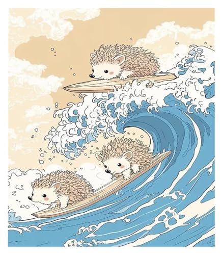 Wandkunst Leinwanddrucke Leinwand Malerei Dekoration Retro Japanischen Cartoons Tiere Illustration Welle Panda Katze Pinguin Niedlichen Kinderzimmer Zimmer(G,40x60cm) von MINGYTN