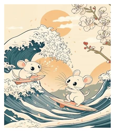 Wandkunst Leinwanddrucke Leinwand Malerei Dekoration Retro Japanischen Cartoons Tiere Illustration Welle Panda Katze Pinguin Niedlichen Kinderzimmer Zimmer(H,50x70cm) von MINGYTN