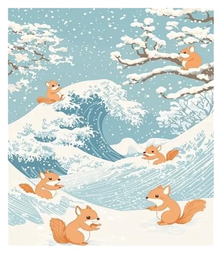 Wandkunst Leinwanddrucke Leinwand Malerei Dekoration Retro Japanischen Cartoons Tiere Illustration Welle Panda Katze Pinguin Niedlichen Kinderzimmer Zimmer(K,40X50cm) von MINGYTN