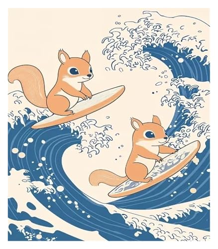 Wandkunst Leinwanddrucke Leinwand Malerei Dekoration Retro Japanischen Cartoons Tiere Illustration Welle Panda Katze Pinguin Niedlichen Kinderzimmer Zimmer(M,30x40cm) von MINGYTN