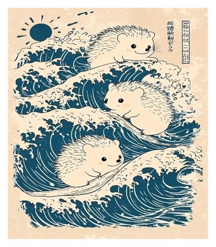 Wandkunst Leinwanddrucke Leinwand Malerei Dekoration Retro Japanischen Cartoons Tiere Illustration Welle Panda Katze Pinguin Niedlichen Kinderzimmer Zimmer(O,30x40cm) von MINGYTN