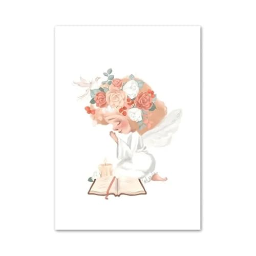 Wandkunst Leinwanddrucke Niedliche Engel Mädchen Blume Rose Taube Kaninchen Wandkunst Poster Minimalistischen Druck Leinwand Malerei Für Wohnzimmer Moderne Wohnkultur(B,50x70cm) von MINGYTN