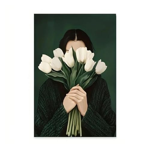 Wandkunst-Leinwanddrucke Smaragdgrüne Blumen Frauen Streifen Abstrakte Leinwanddrucke Poster Vintage Japandi Kunst Malerei Wohnzimmer Wohnkultur(B,20x30cm) von MINGYTN