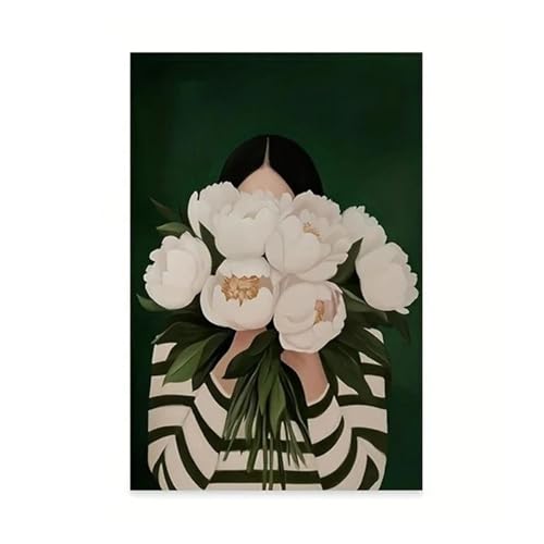 Wandkunst-Leinwanddrucke Smaragdgrüne Blumen Frauen Streifen Abstrakte Leinwanddrucke Poster Vintage Japandi Kunst Malerei Wohnzimmer Wohnkultur(C,50x70cm) von MINGYTN