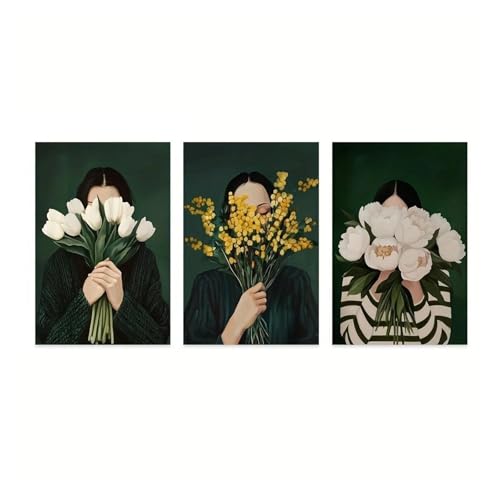 Wandkunst-Leinwanddrucke Smaragdgrüne Blumen Frauen Streifen Abstrakte Leinwanddrucke Poster Vintage Japandi Kunst Malerei Wohnzimmer Wohnkultur(D,40x60cm) von MINGYTN