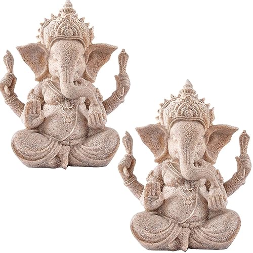 MINGZE 2 Stück Elefant Statue, Lord Ganesha Buddha Hindu-Elefant Gott Statuen Harz Sandstein Skulptur Indische Ganesh Buddha Figur Handarbeit Geschenk Dekoration Ornamente für Haus Garten Auto von MINGZE