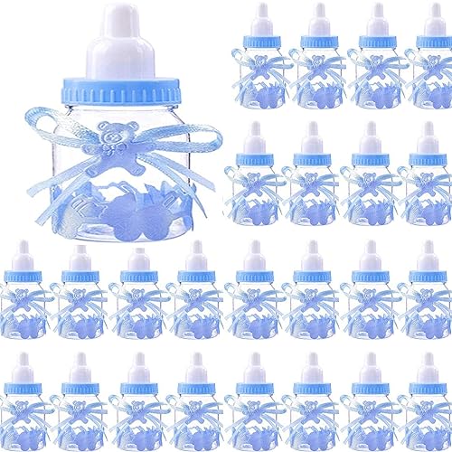 MINGZE 24 Stück Süßigkeiten Flasche, Candy Flaschen Babyflaschen Geschenkbox Baby Shower Party Candy BoxFavors Geburtstagsfeier Dekoration für Babydusche Party Taufe Geschenkpaket (Blau) von MINGZE