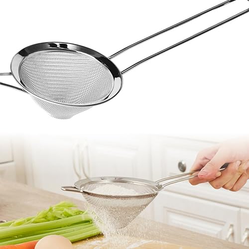 MINGZE Lebensmittelsieb Edelstahl Cocktail feinmaschig konisch 9 cm Siebsieb Sieb mit Griff Silber - feines Drahtgeflecht Küchensieb Set mit Rand zum Abseihen von Tees und Cocktails von MINGZE