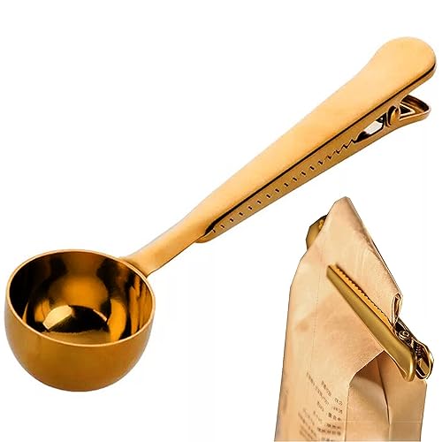 MINGZE Kaffeedosierlöffel Mit Klammer Aus Edelstahl, Kaffee Schaufel Kaffeemaß Kaffeelöffel Prämien Edelstahl Schaufeln Und Tee Schaufel Mit Integriertem Beutel Klipp (Gold) von MINGZE
