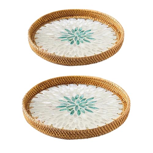 MINGZHE 2 Stück Handgefertigtes Rundes Rattan-Serviertablett, Farbige Muscheltabletts, Obsttabletts, Wohnzimmer-Couchtisch, Aufnahmerahmen, Obstteller, Couchtisch-Tablett Zur Aufbewahrung(Tarngrün) von MINGZHE