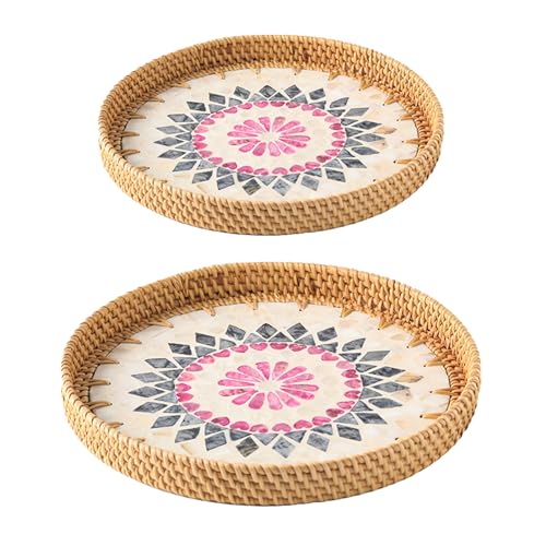 MINGZHE 2 Stück Handgefertigtes Rundes Rattan-Serviertablett, Farbige Muscheltabletts, Obsttabletts, Wohnzimmer-Couchtisch, Aufnahmerahmen, Obstteller, Couchtisch-Tablett Zur Aufbewahrung und(Grau) von MINGZHE