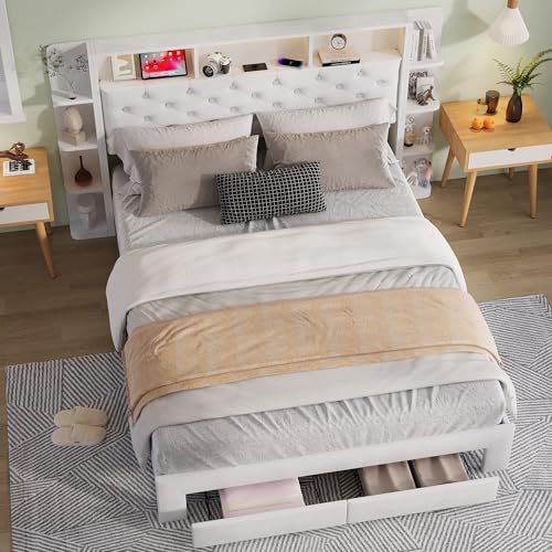 MINGZHE Doppelbett, 160 x 200 cm, mit Velours, mit LED-Beleuchtung, Kopfteil mit Aufbewahrung und USB- und Typ-C-Anschlüssen, Lattenrost, 2 Schubladen auf Rollen, Matratze nicht im Lieferumfang von MINGZHE