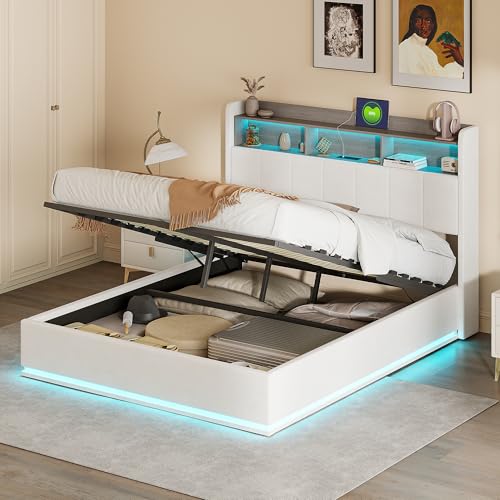 MINGZHE Doppelbett Samt bezogen 160 x 200 cm mit LED schwenkbar Bett Bettkasten USB Typ C und EU Steckdosen Kopfteil Lattenrost ohne Matratze weiß von MINGZHE
