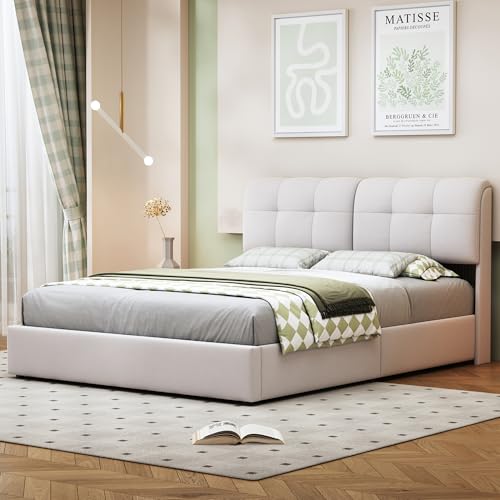 Moderner Bettgestell, quadratische Rückenlehne aus Flanell, cremefarben, Licht 7 Farben mit Stimmungslicht (EU-Stecker), Gasdruckstange, ohne Matratze (160 x 200 cm) von MINGZHE